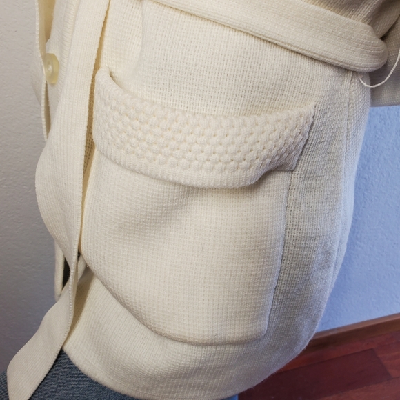 Vintage 70s Rochelle Ivory Belted Cardigan Grandpa Neutral - Picture 3 of 8